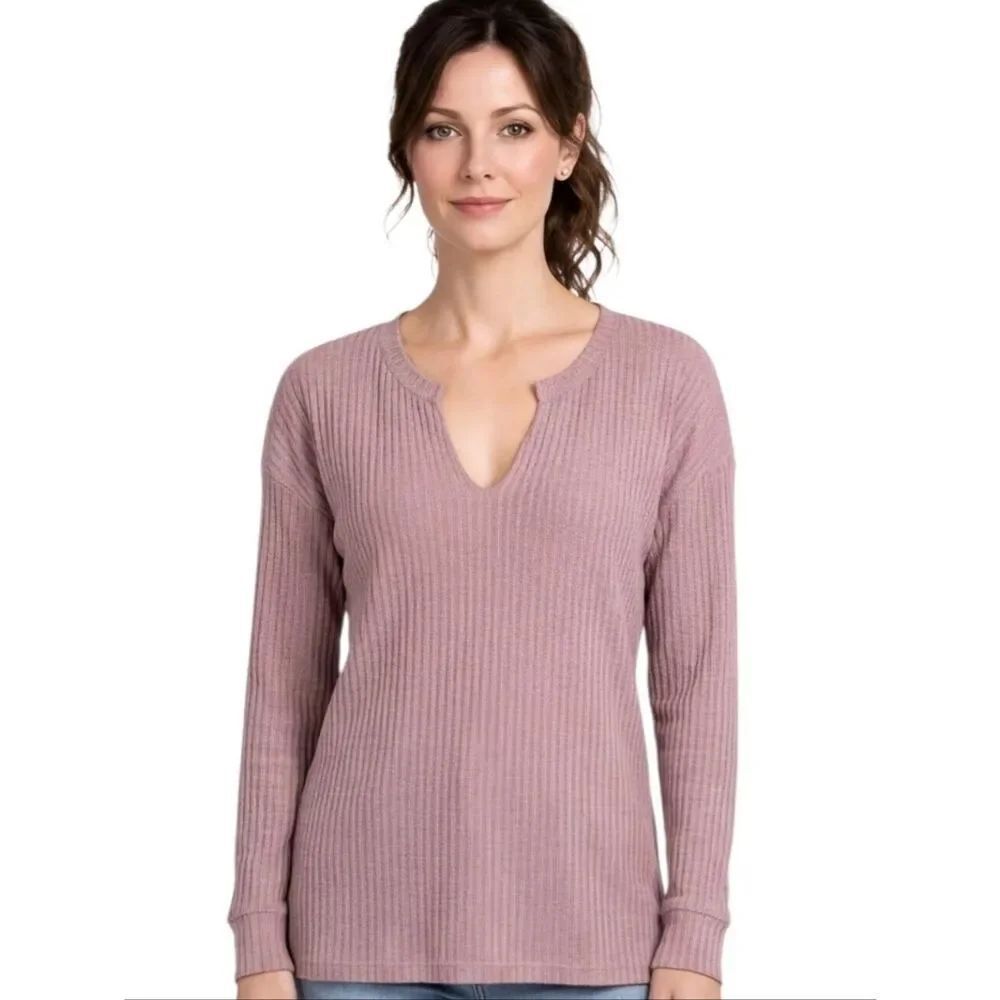 Chaser Keelia Blush Split Neck Thermal Knit Top Size M